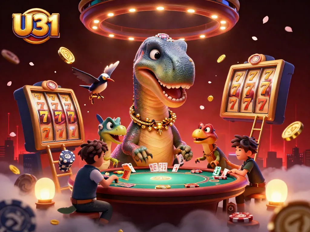 Experience thrilling casino action with U31 as the brontosaurus watches a clever raptor deal cards.
