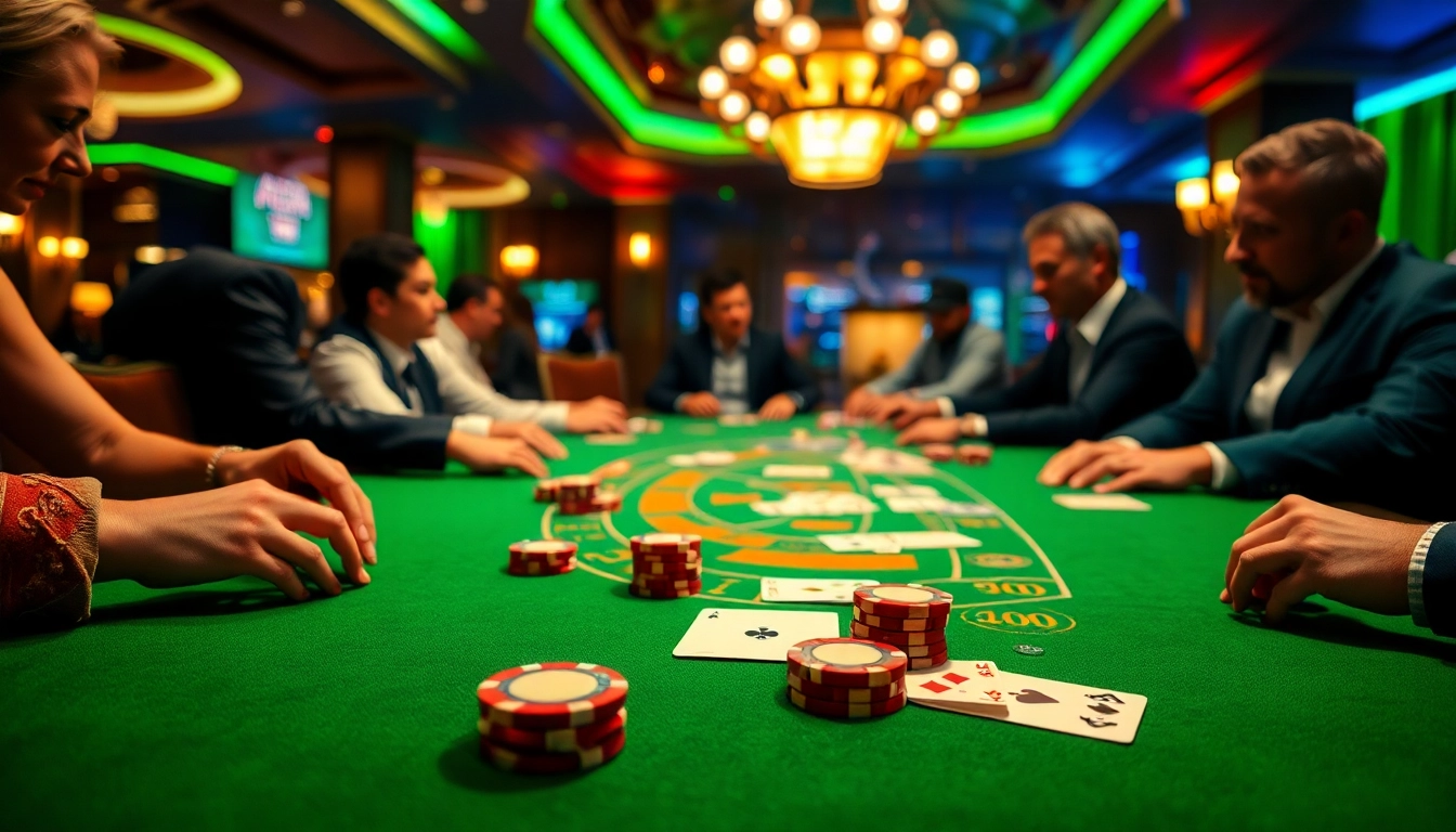 Experience the excitement of a Blackjack Casino with players at a vibrant game table.