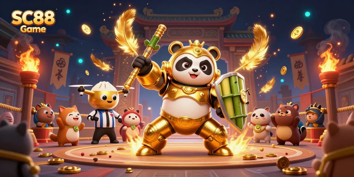Experience the SC88 Game excitement with a mech-suit panda and cinematic atmosphere in this vibrant arena.