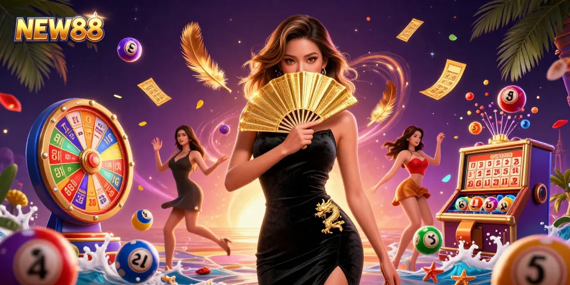 Engage in thrilling lottery action with NEW88, featuring colorful bouncing lottery balls and vibrant prize elements.