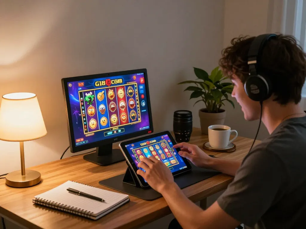 Engaged player enjoying slots at home on gi8 com, showcasing modern online gambling.