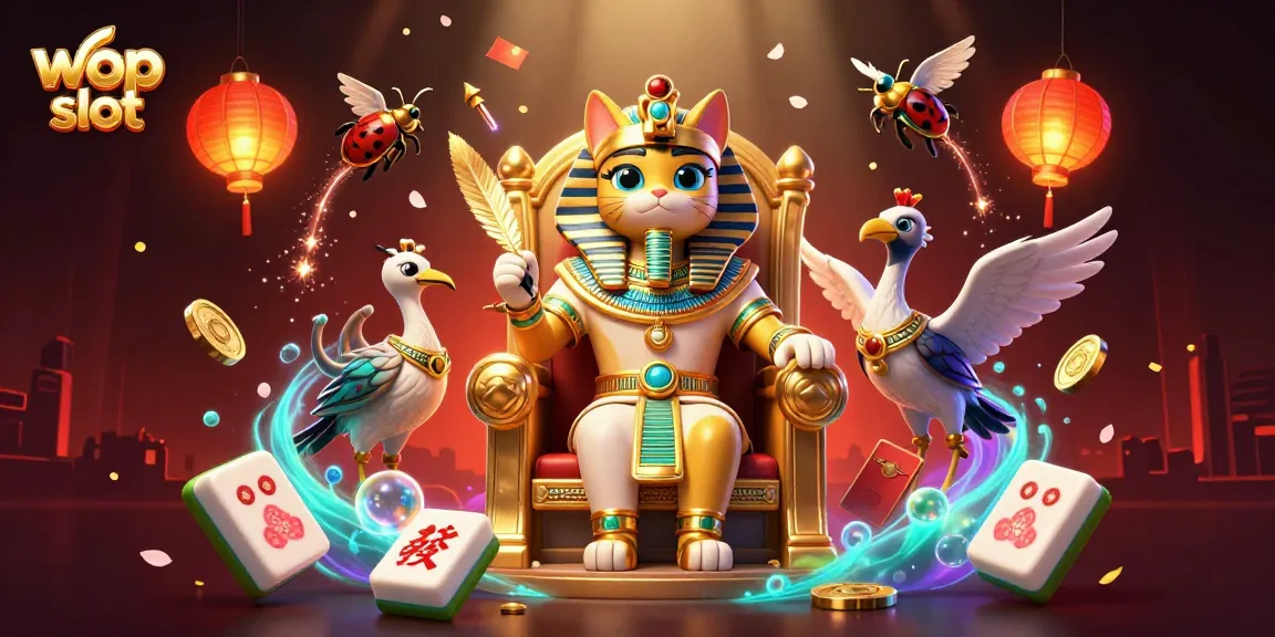 Experience thrilling gameplay with wop slot - a dynamic pharaoh cat scene with floating mahjong tiles and glowing lanterns.