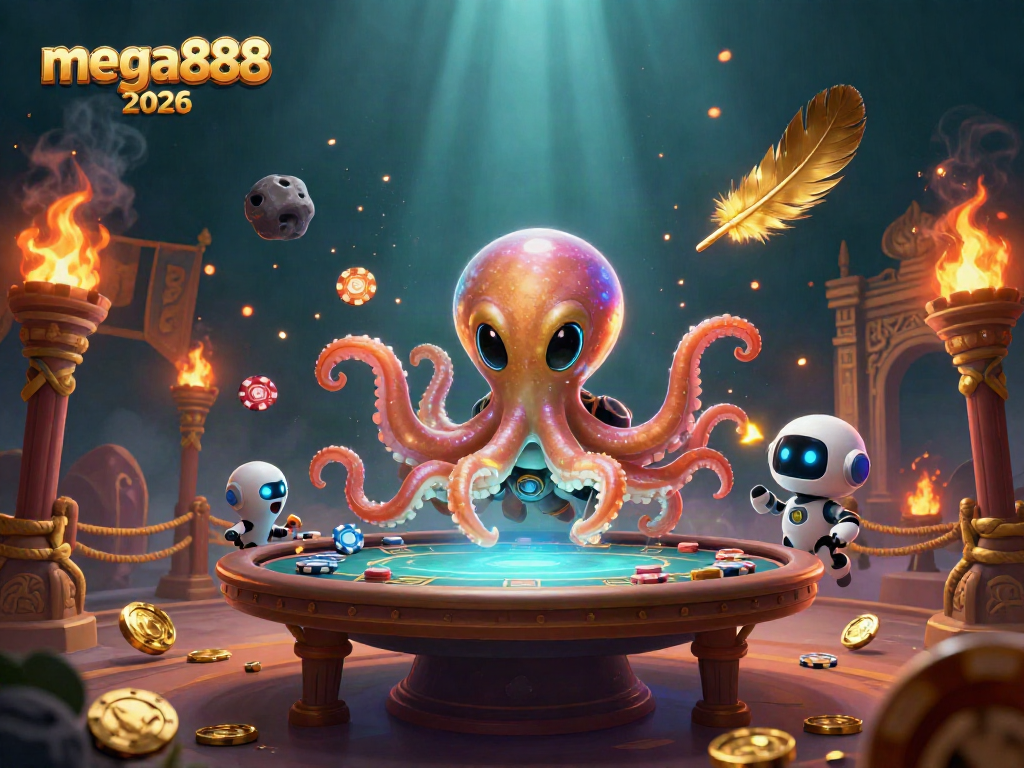 Engage in thrilling poker action with mega888 2026 in a vibrant alien-themed casino setting.