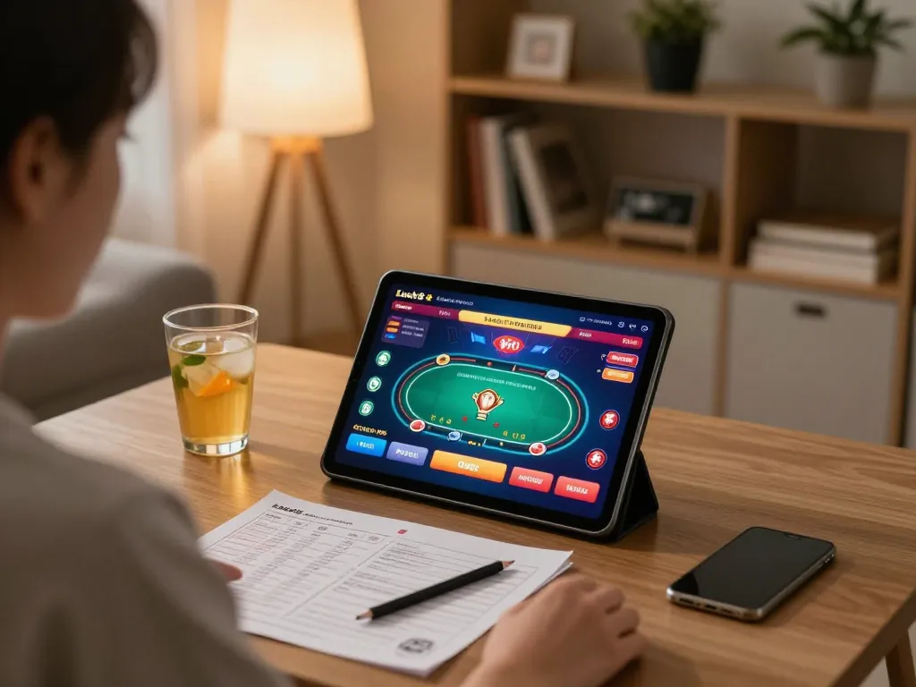 Engaging with Luck8 trang chủ through online poker game on tablet in a cozy living room setting