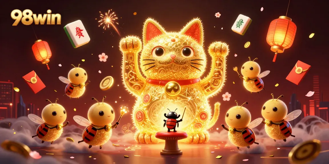 Experience thrilling wins at 98win with dynamic casino fun featuring a lucky cat and vibrant symbols.
