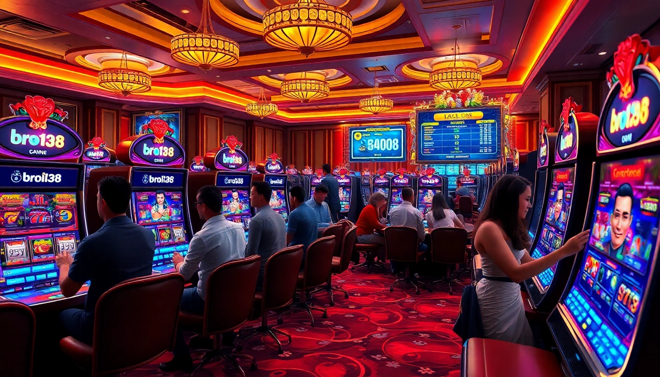 Players enjoying high-end slot games at bro138 casino, showcasing excitement and luxury.