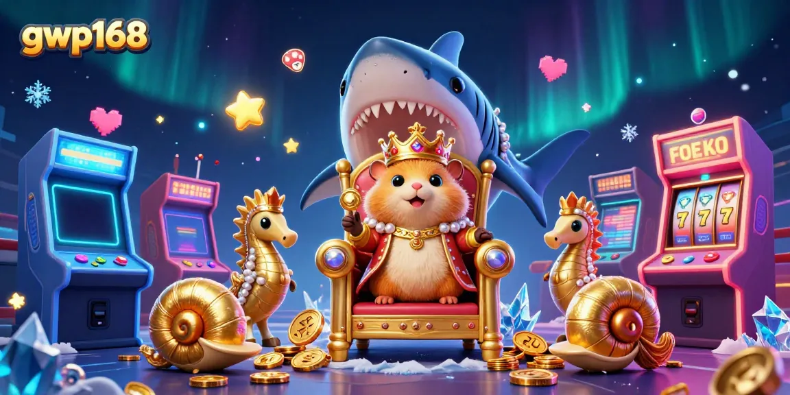 Raja hamster emas di takhta gigi megalodon mewakili gwp168 dengan elemen kasino di sekelilingnya.