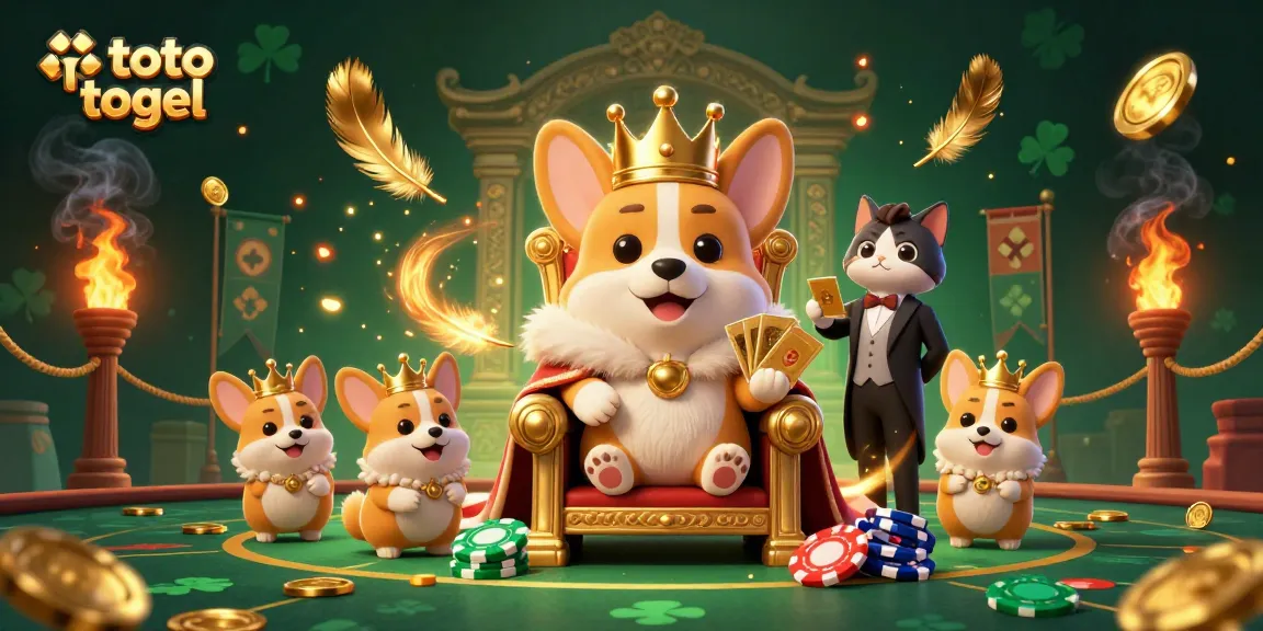 Explore the vibrant world of toto togel with a royal corgi sitting on a throne of poker chips, embodying luck and excitement.