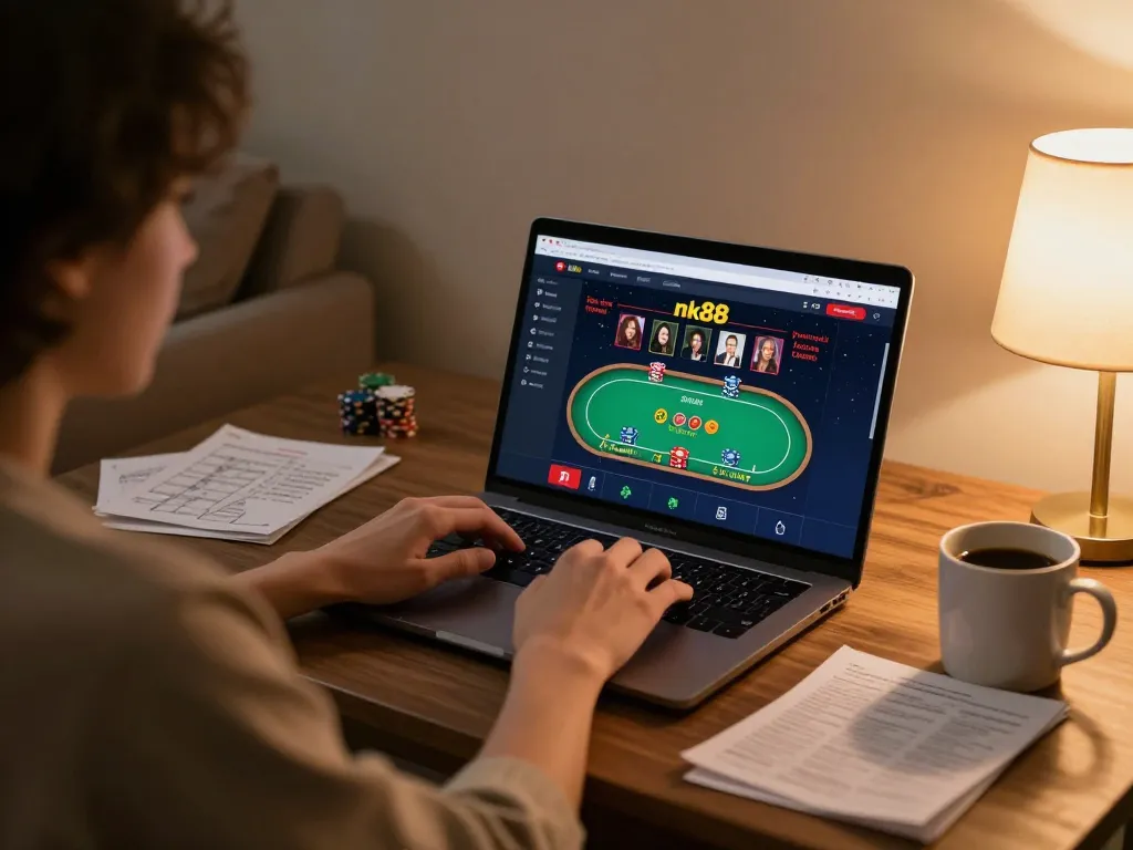Engaged player using nk88 app on laptop for online casino gaming at home.