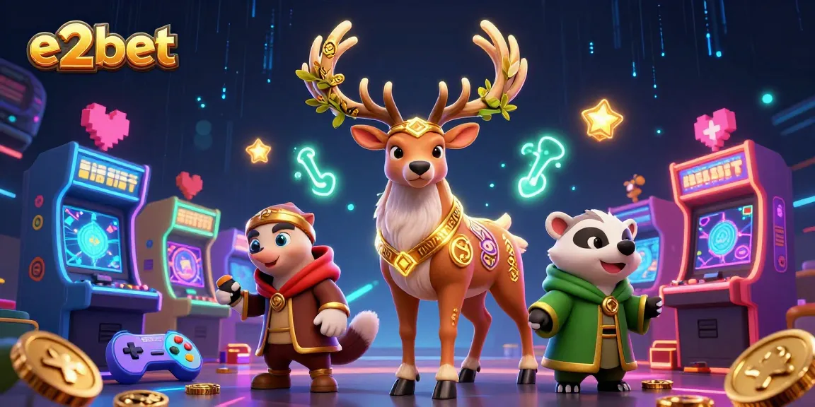Experience the thrill of e2bet with a vibrant 3D casino scene featuring a stag and arcade elements.