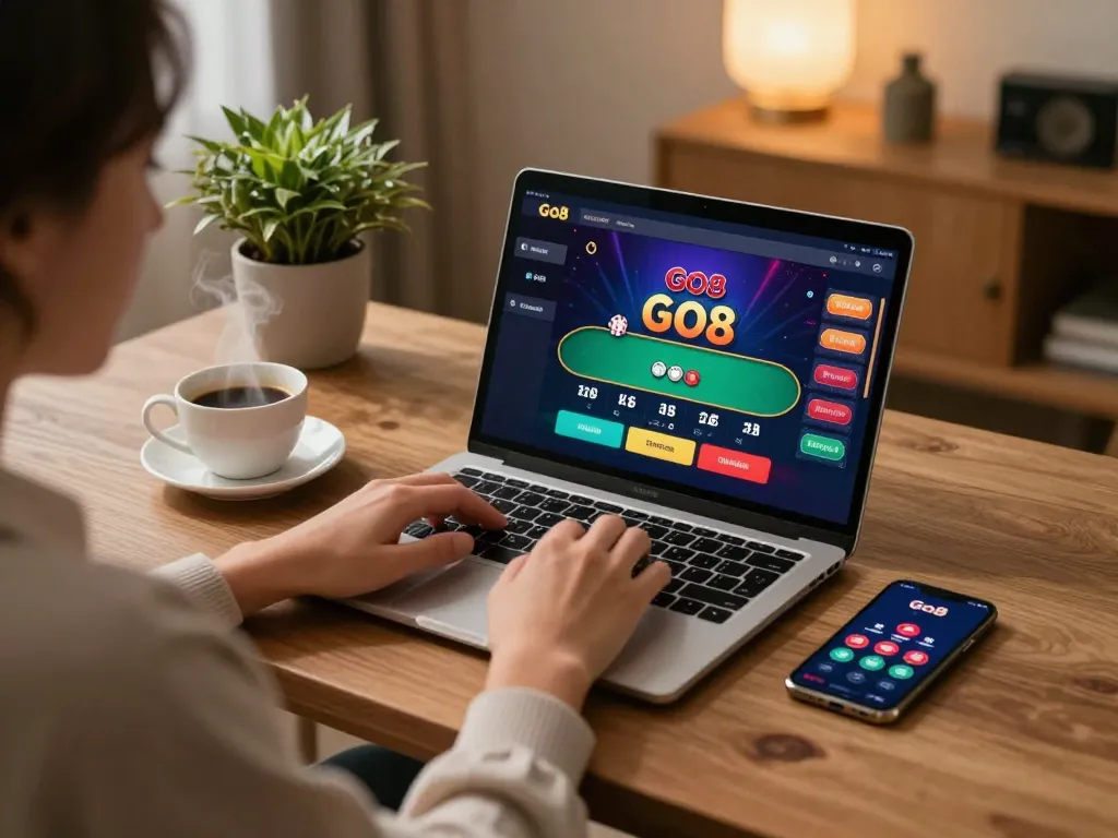 Person playing poker online on Go8, showcasing high-stakes gaming at a stylish home desk.