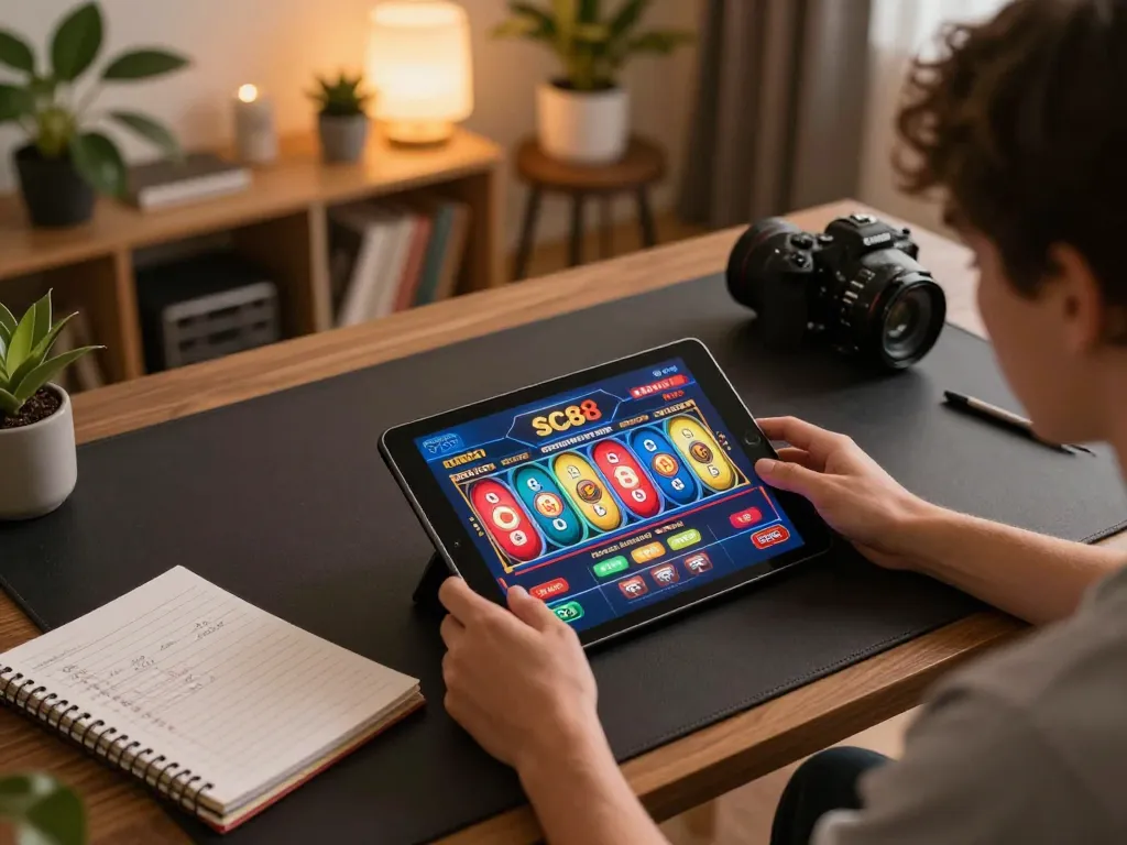Person enjoying an online casino experience with SC88 gaming on tablet at home