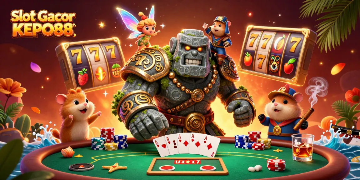 Engage with Slot Gacor KEPO88 while exploring a vibrant scene full of interactive slots and magical characters.
