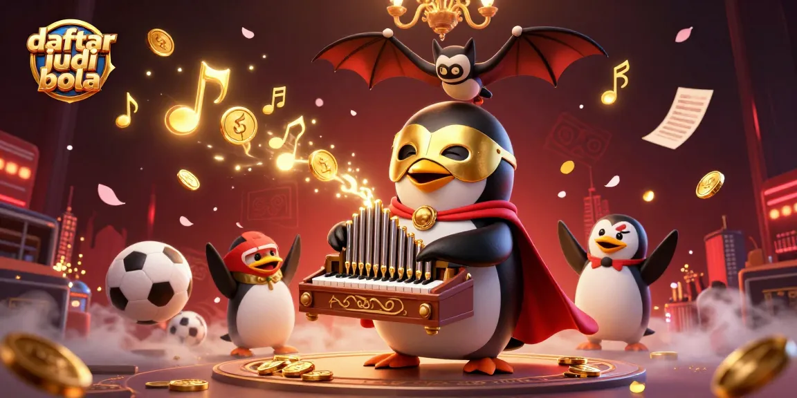 Engaging illustration of daftar judi bola featuring a penguin playing organ, sports elements, and golden coins.