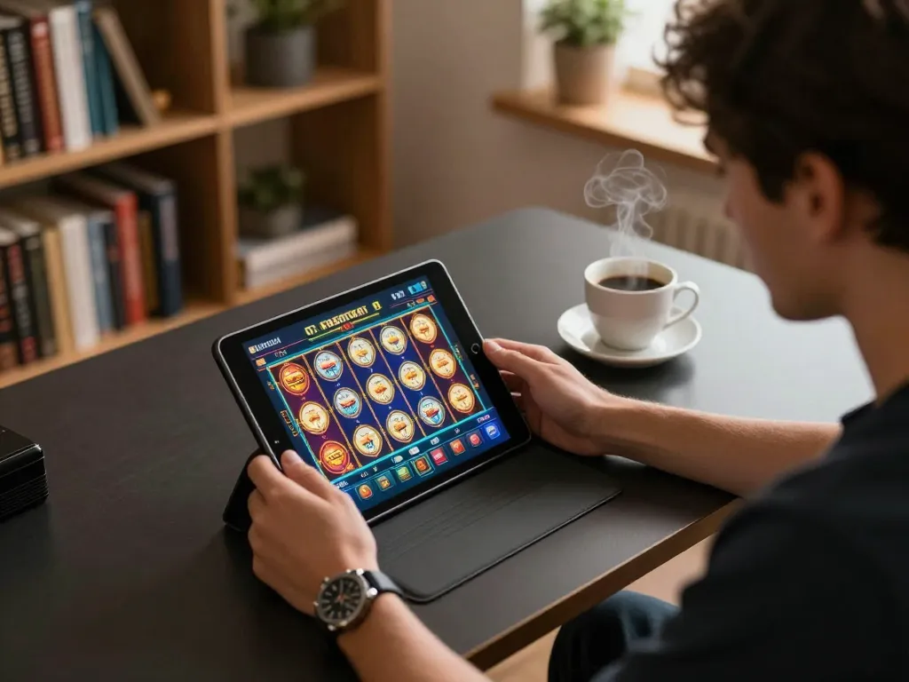 Play mega slot online with a vibrant interface in a cozy home gaming setup, showcasing strategy and excitement.