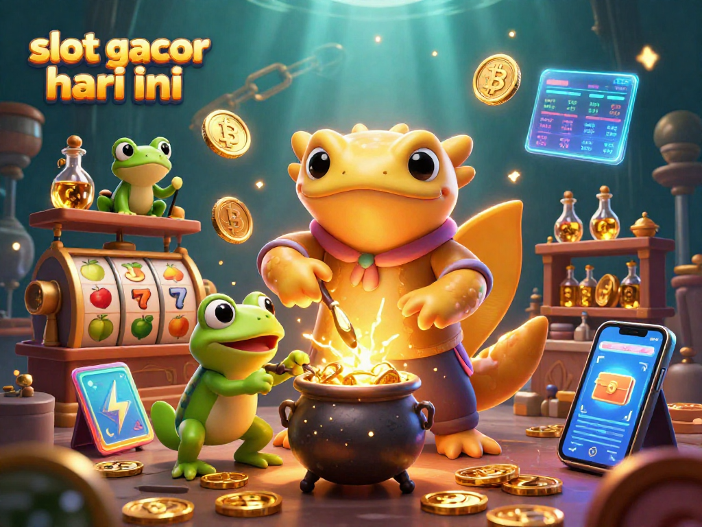 Slot gacor hari ini hadir dengan ilustrasi kasino yang dinamis dan menarik, menampilkan karakter alkemis dan simbol slot yang memikat.