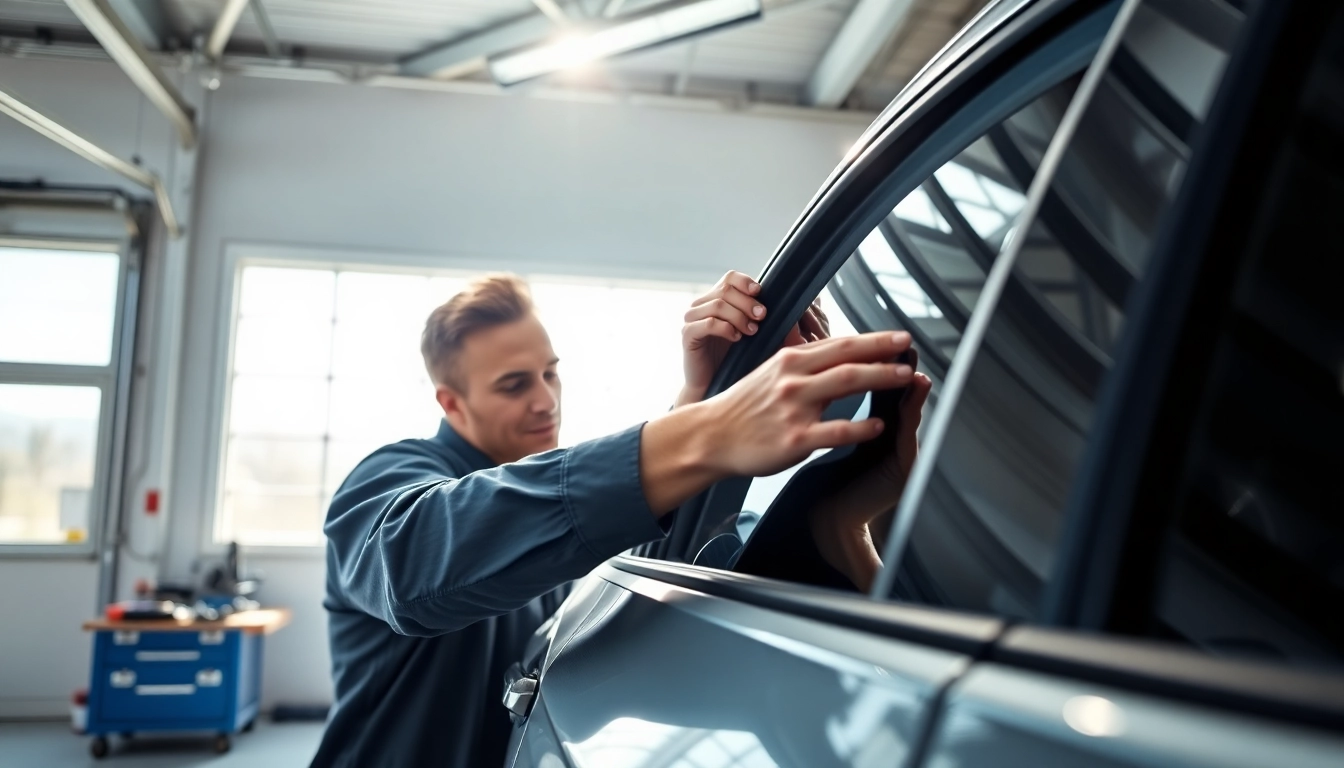 Enhance your ride with auto window tint near me applied by a professional in a bright garage.