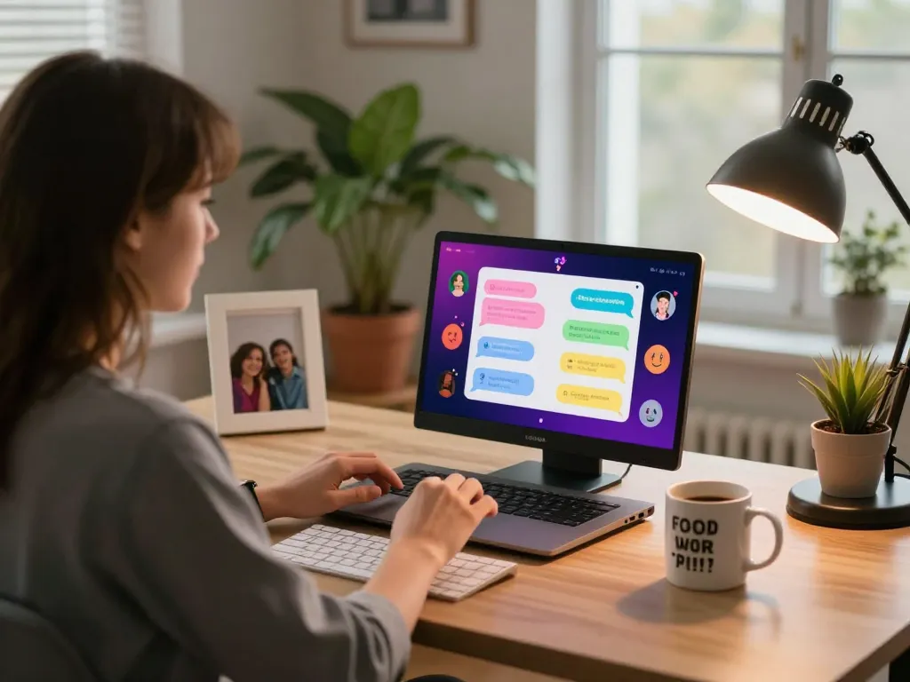 Vibrant home office scene featuring a user interacting with a sex chat AI, complete with colorful avatars and engaging conversation.