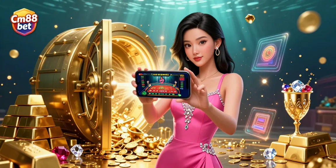 Experience thrilling wins at Cm88 bet with a confident Asian woman engaging in live dealer casino games, surrounded by treasures.