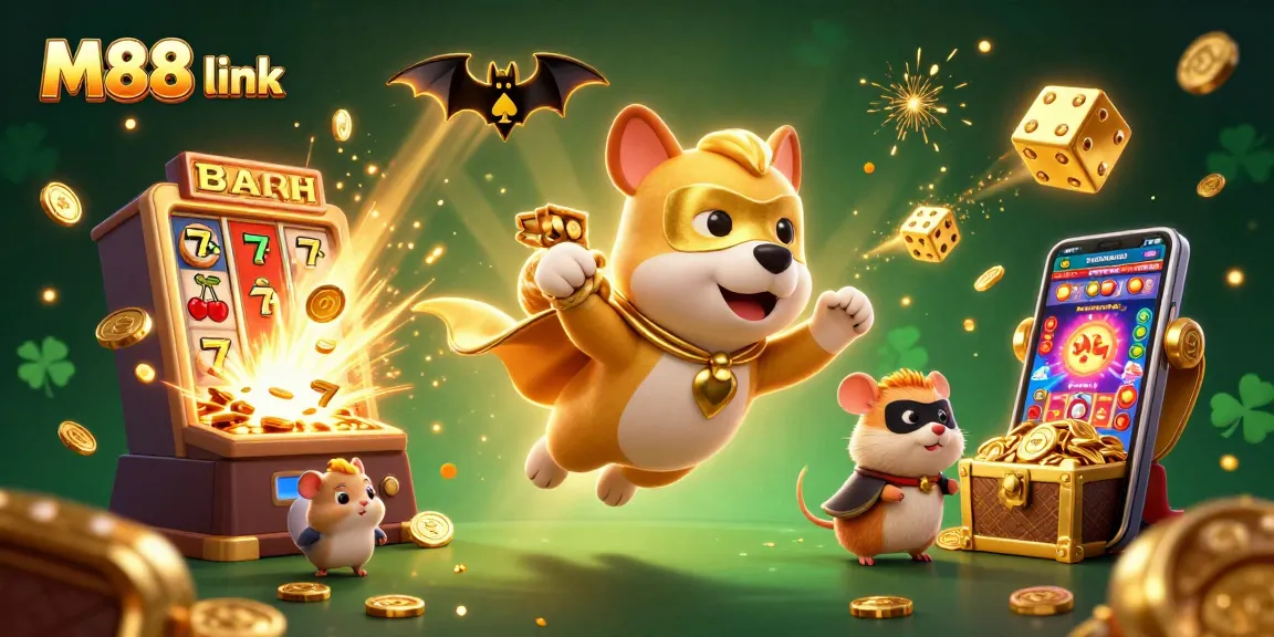 Experience the thrill with M88 link as the superhero dog flies through a vibrant casino scene.