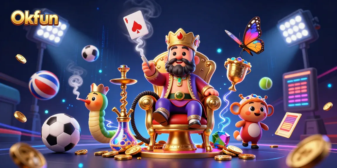 Join the excitement of Okfun with a 3D illustration showcasing rich gaming elements and dynamic action.