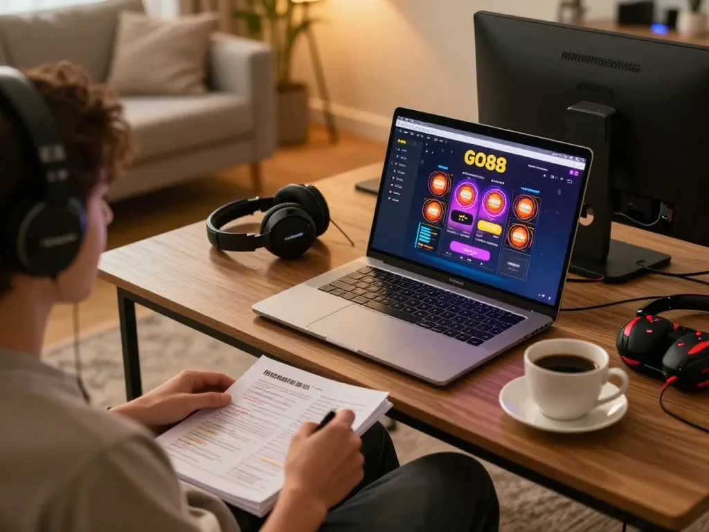 Engaging in online gaming at GO88 casino with strategy notes and laptop in a cozy setting