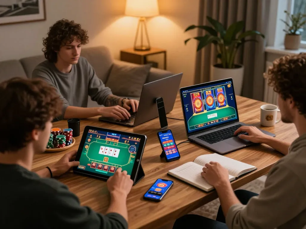 Players engaging with casinos not on Gamstop on various devices, highlighting online gaming excitement