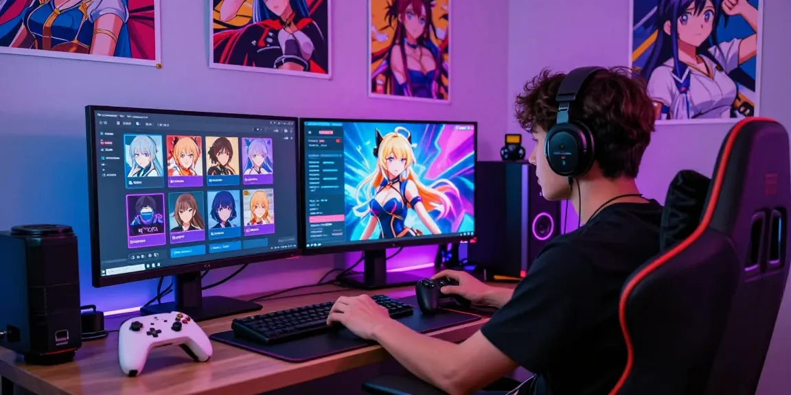Engaging in hentai AI chat on a stylish gaming setup with vibrant anime visuals.