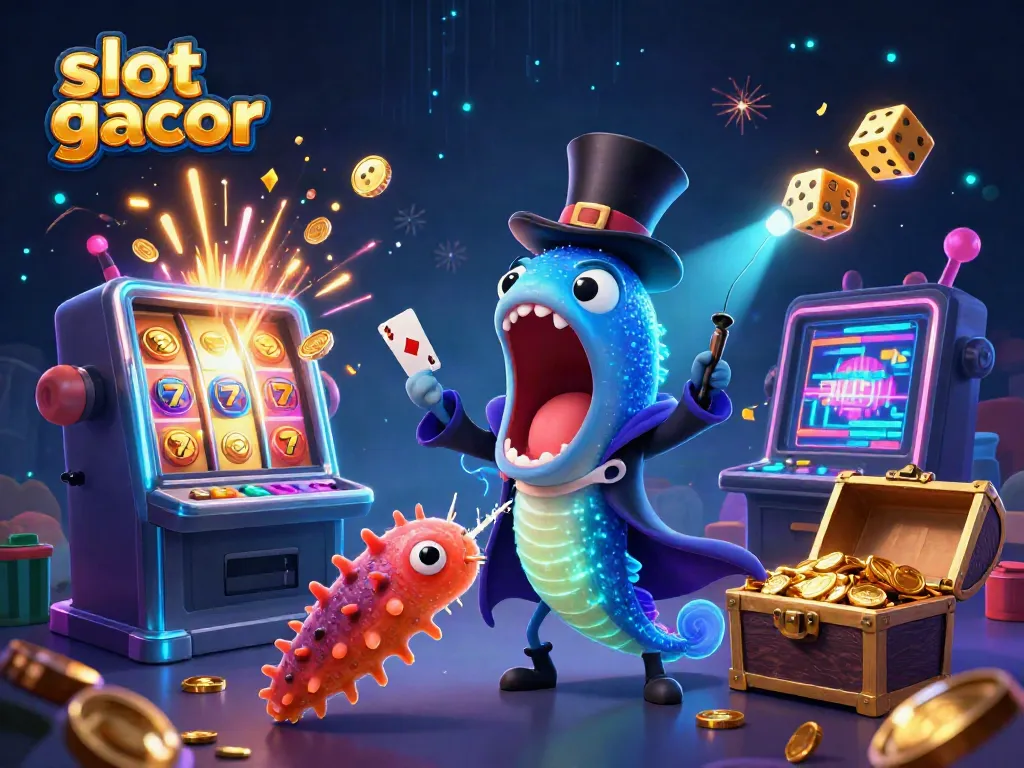 Engaging slot gacor scene with bioluminescent eel magician, jackpot slot machine, and casino elements.