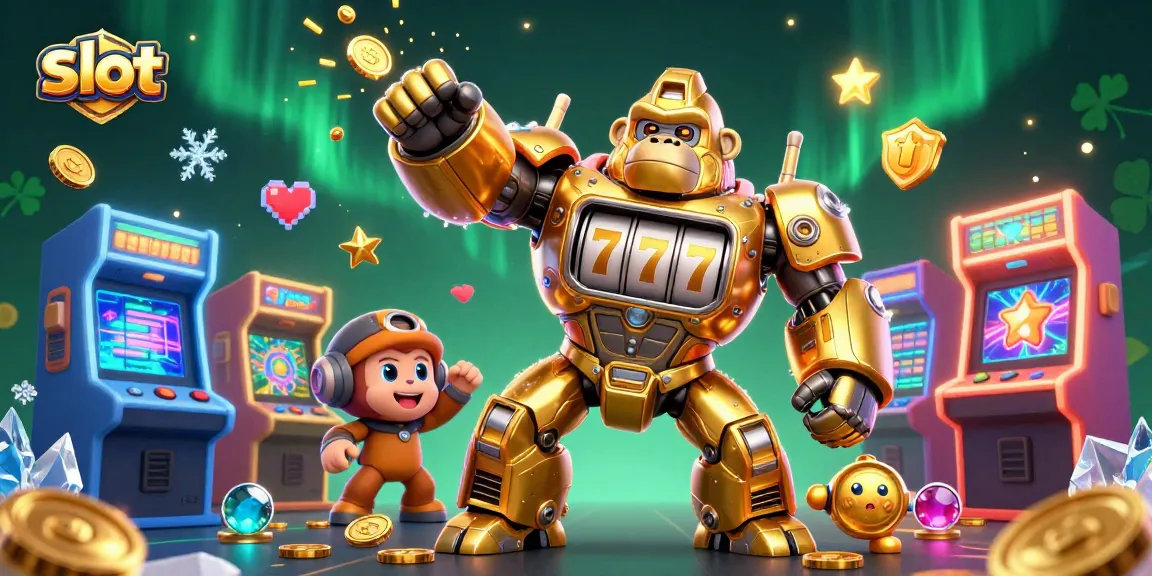 Spin the lucky slot machine with a golden gorilla mech and coins exploding in celebration.