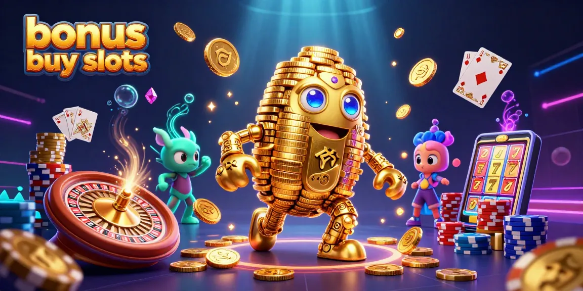 Engage with the excitement of bonus buy slots illustrated by a golden golem amidst coins and gems.