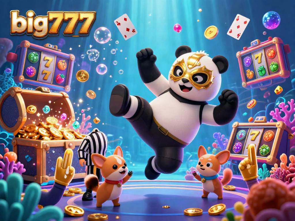 Experience the excitement of big777 with a panda wrestler and lively casino elements showing spins and wins.