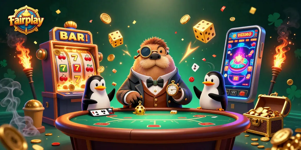 Join Fairplay with a jolly walrus and friends at an underwater poker table, surrounded by slot machine excitement.