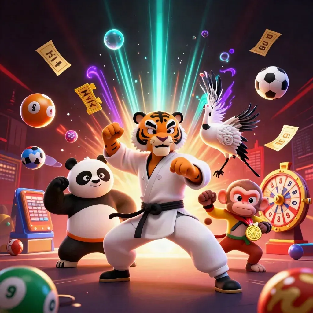 Kung-fu tiger, panda, and monkey amid casino props, neon glow, and sports balls in a dramatic low-angle splash.
