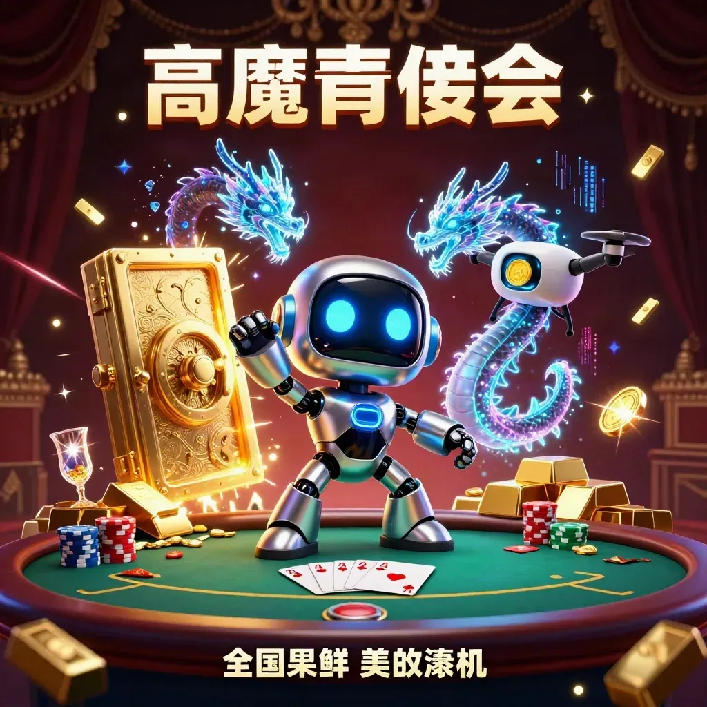 Cyberpunk robot, holographic dragon, and coin drone amid vault gold and poker luxury.