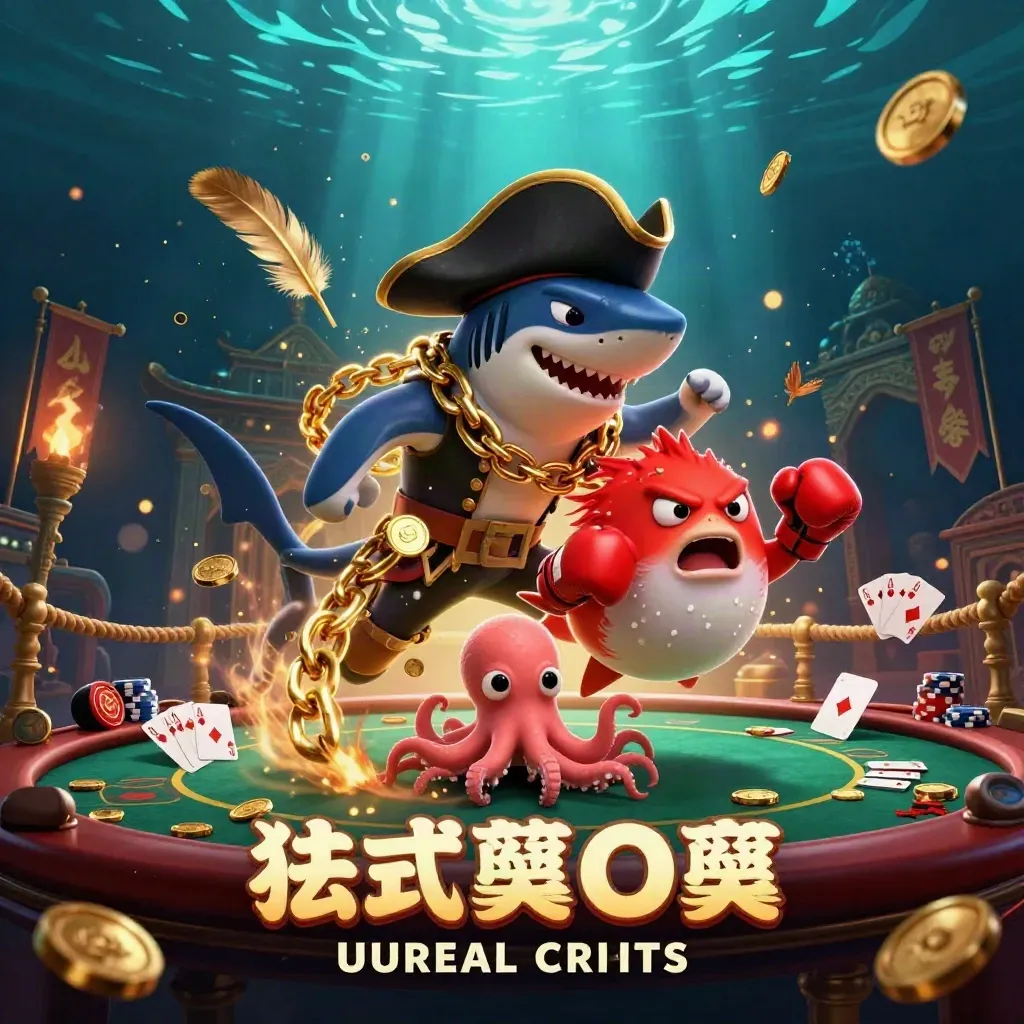 Pirate shark, boxing pufferfish, and coin-juggling octopus in a luxe underwater poker scene.