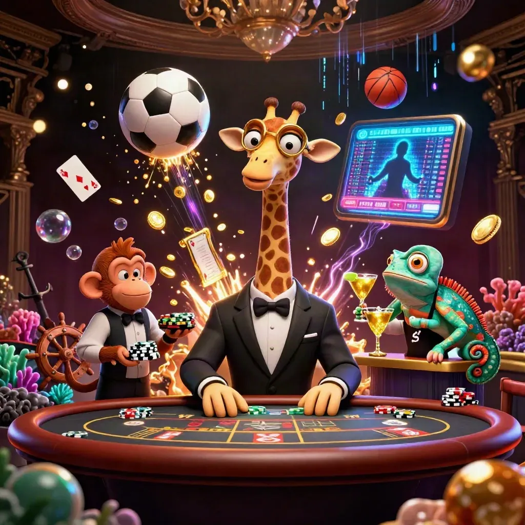 Golden giraffe, monkey valet and chameleon bartender amid poker chips, sports balls and treasure-cove neon.