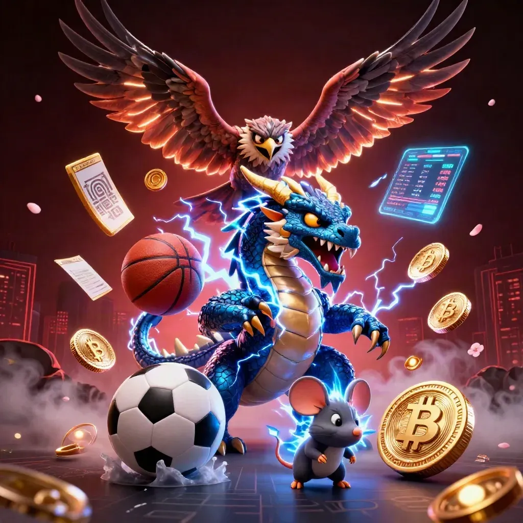 Thunder dragon, wind hawk, and static mouse amid glowing sports and crypto elements
