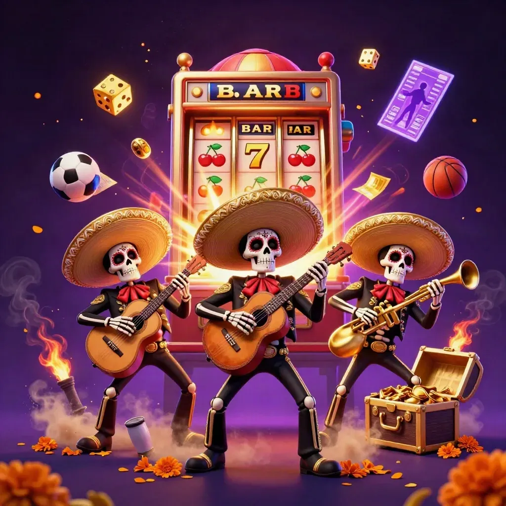 Skeleton mariachi trio amid jackpot bursts, flying dice, ball props, and gold casino glow