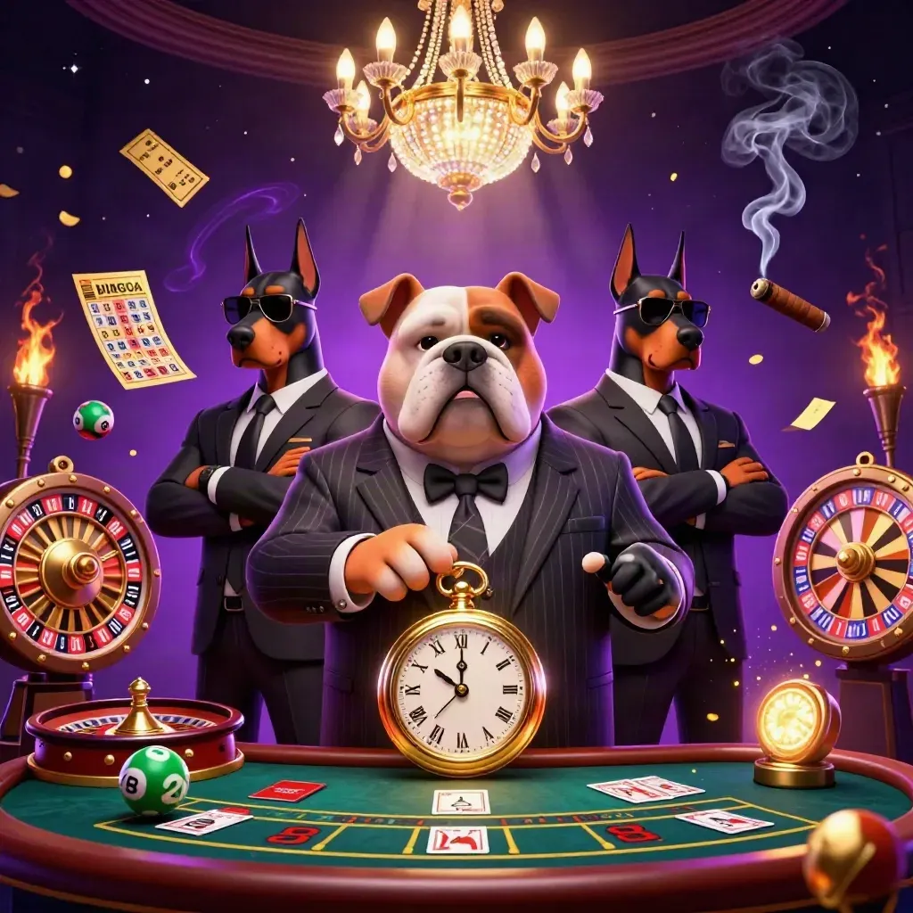 Bulldog boss and Dobermans amid casino bursts, roulette, lottery balls, and gold light.