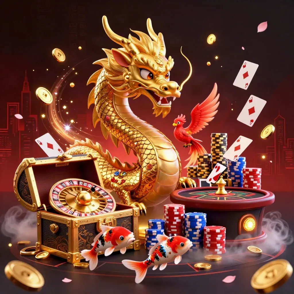 Golden dragon with phoenix, koi, coins, roulette wheel, and glowing casino chips in a luxe room.