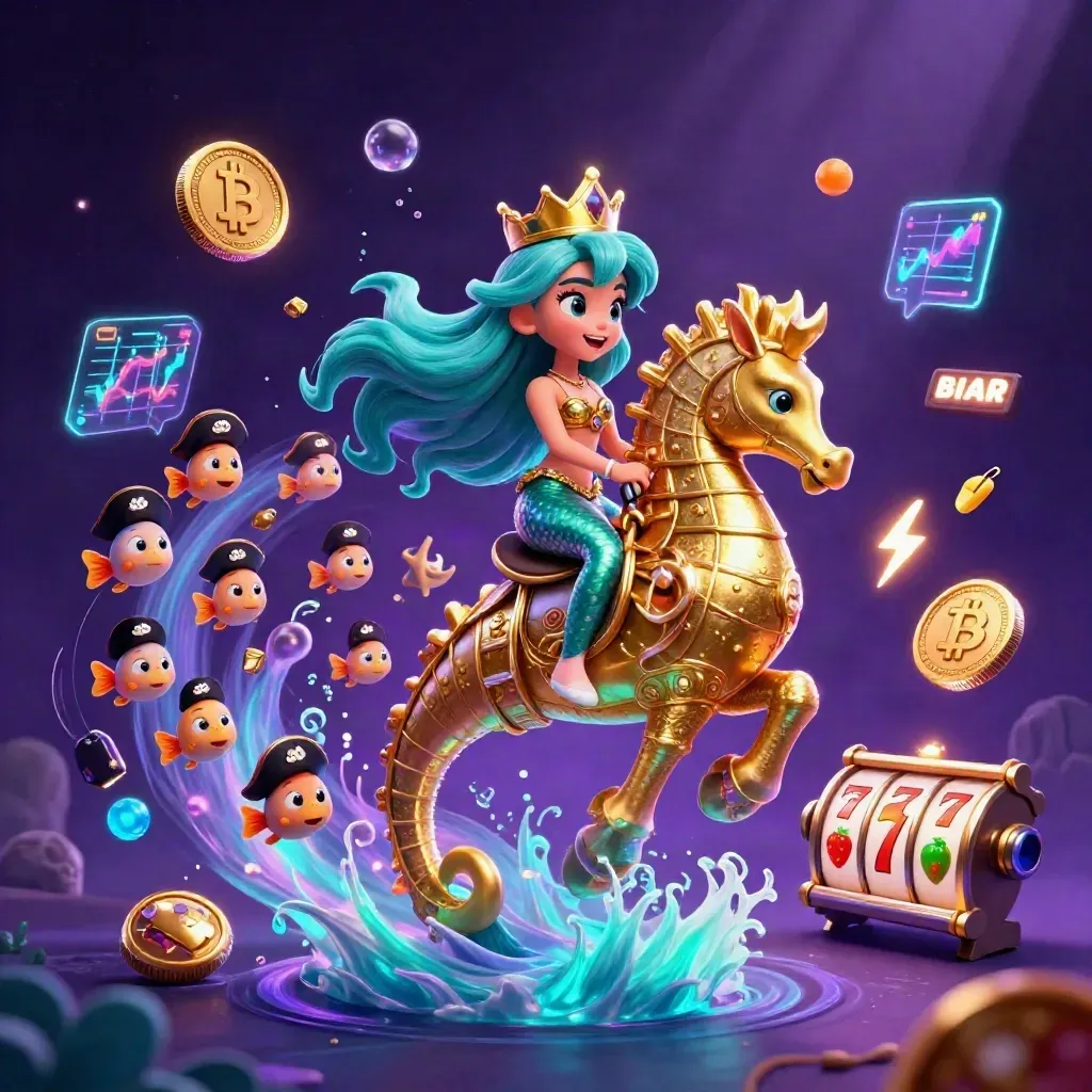 Mermaid princess on a gold seahorse amid pirate fish, coins, charts, and neon casino magic.