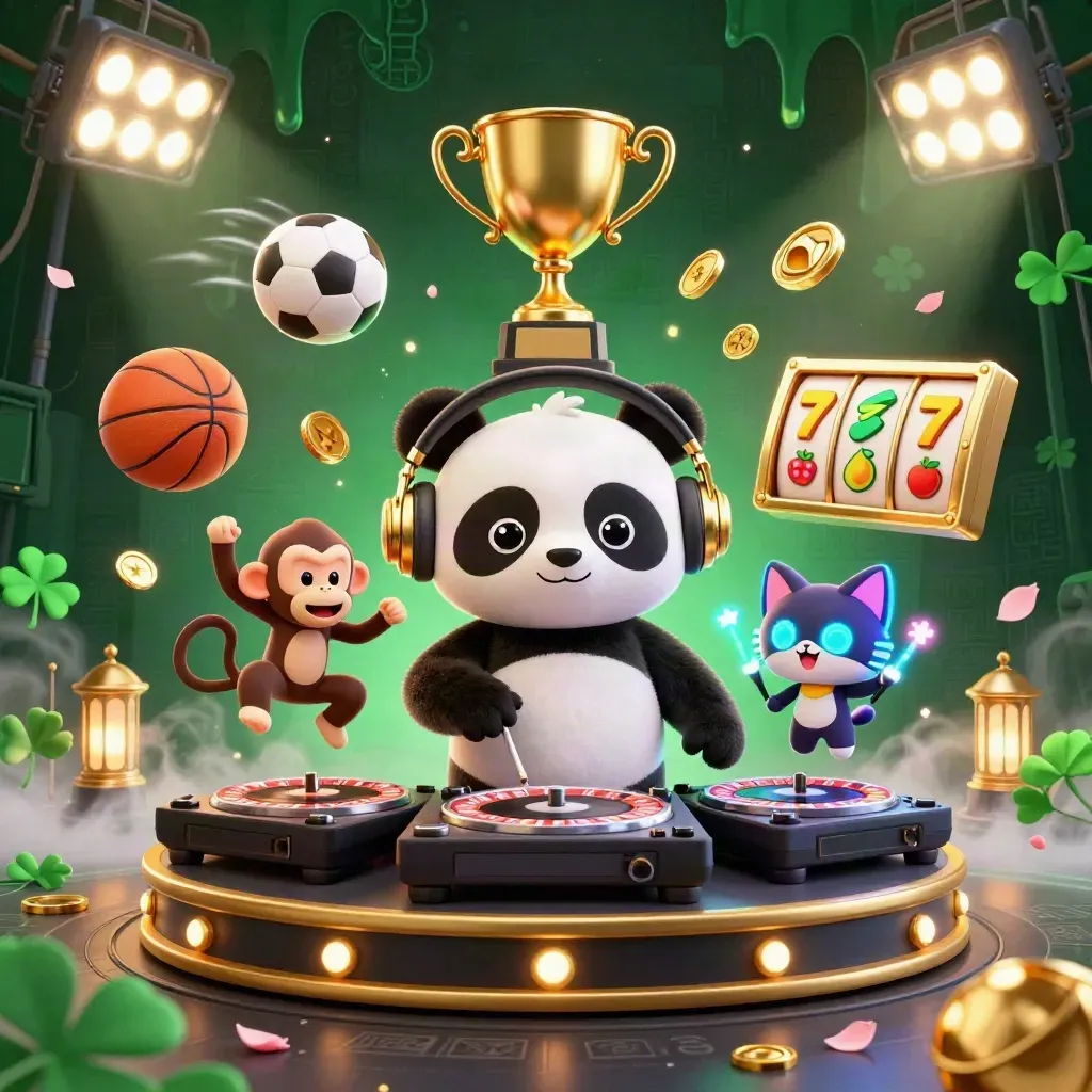 DJ panda, breakdancing monkey, and glow-stick kitten amid casino energy and gold bursts