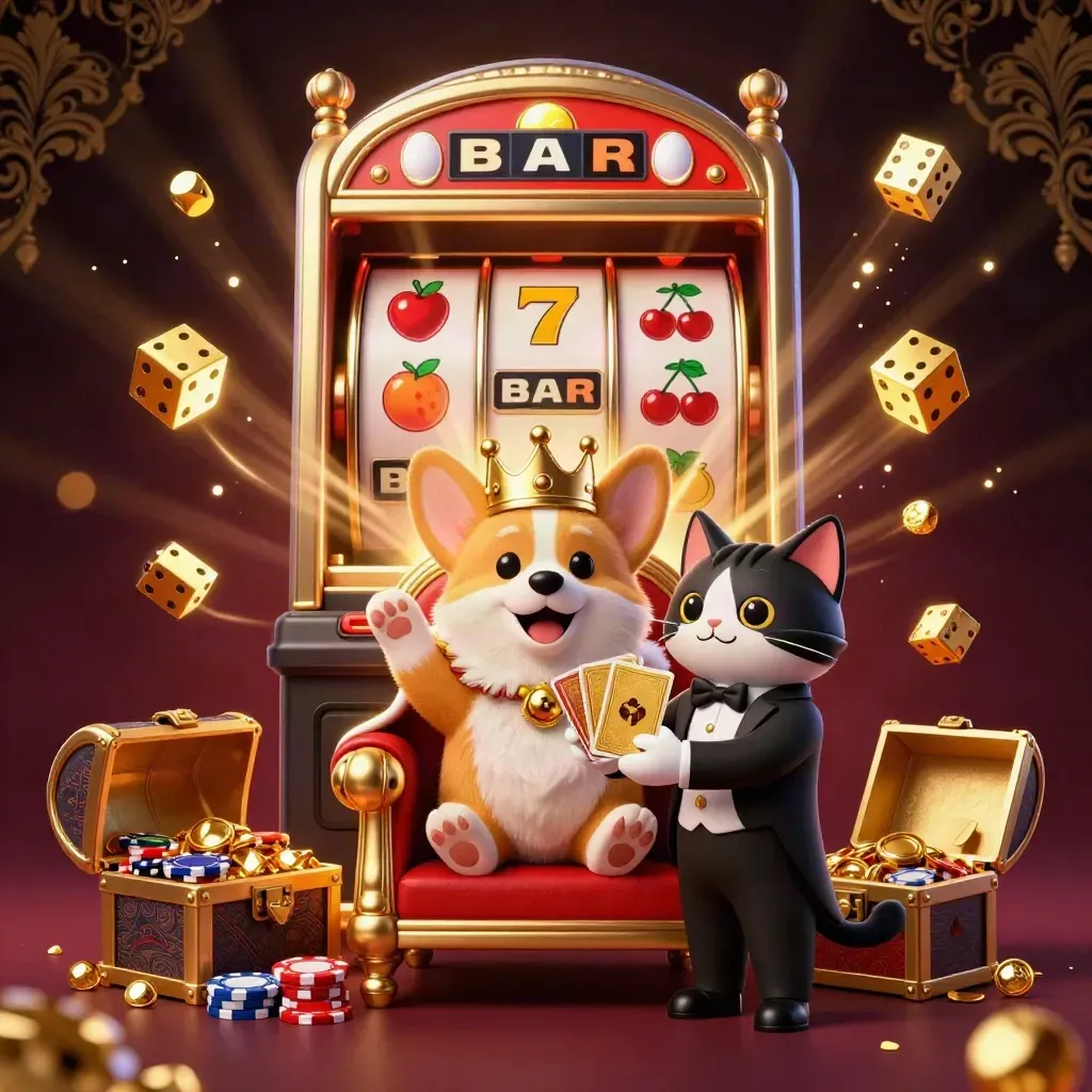 Royal corgi king and cat butler amid slot burst, gold dice, chest, and casino glow