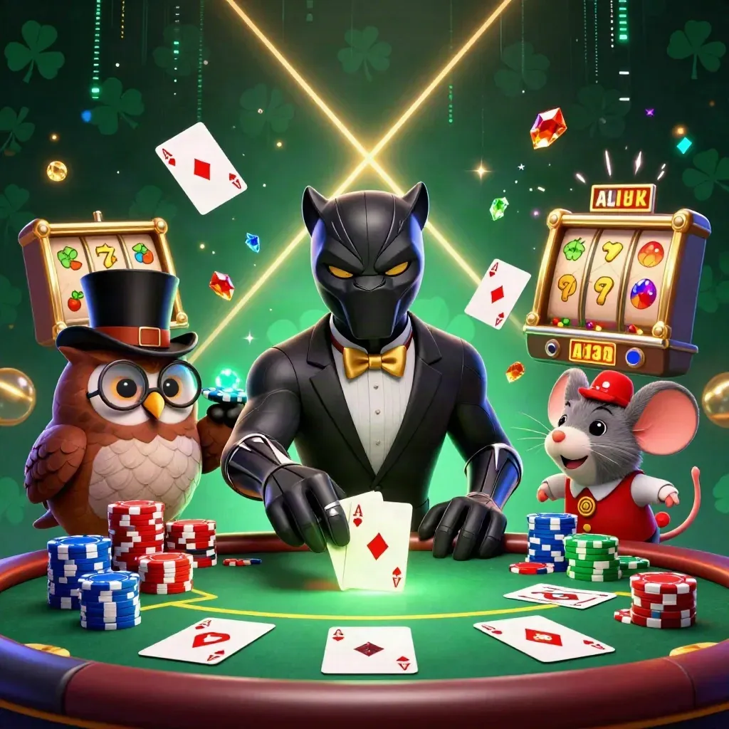 Black panther, owl, and mouse at a glowing poker table amid chips, cards, and casino effects.