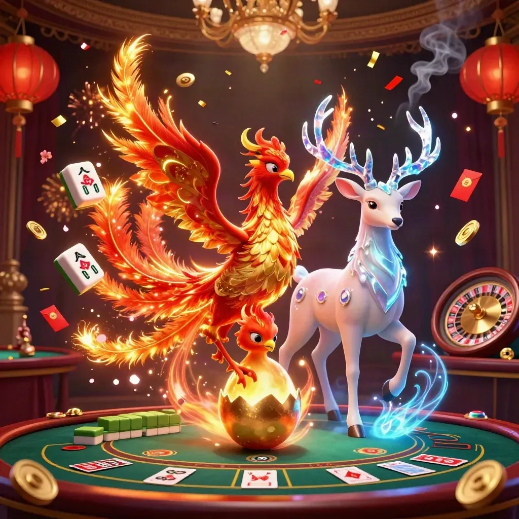 Phoenix trio in a luxe casino fantasy with lanterns, jade coins, fireworks, and a spinning wheel.