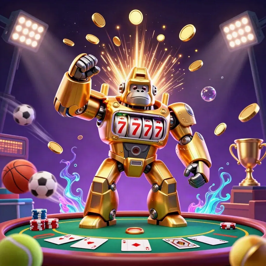 Golden gorilla mech, tiny monkey pilot, poker chips, coins, fireworks, balls, trophy, deep purple casino glow.