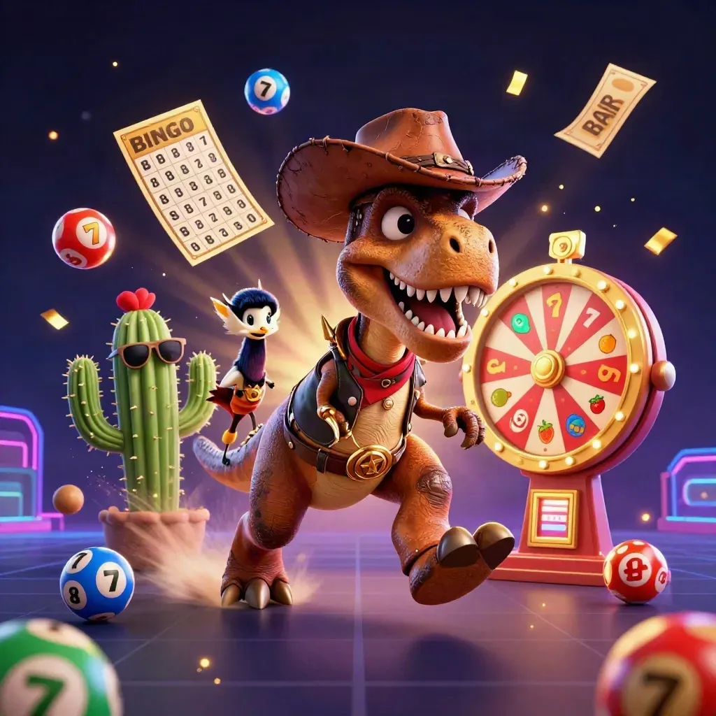 Cowboy T-Rex, cactus sidekick, and roadrunner amid neon casino loot and gold glow.