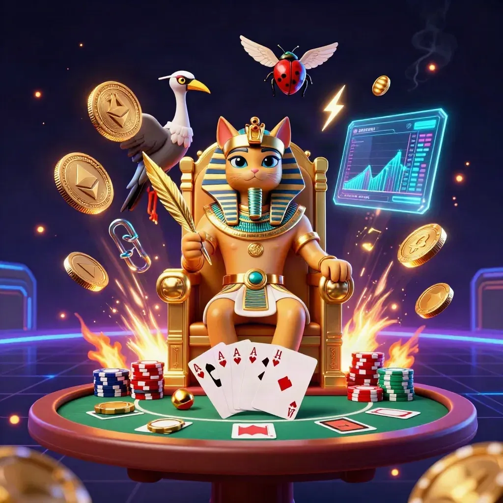 Pharaoh cat, ibis scribe, and gem-wing scarabs amid poker riches and neon casino effects.