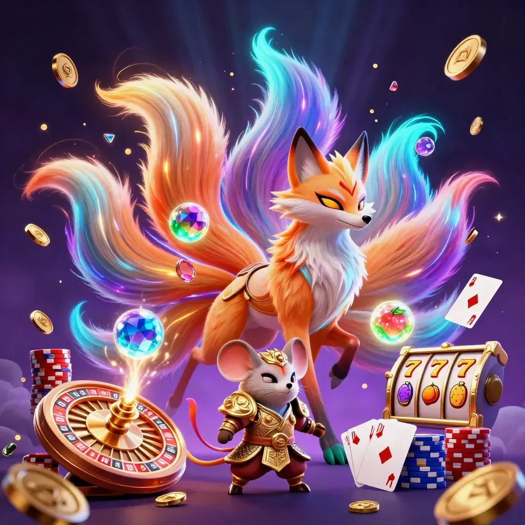 Nine-tailed fox spirit and armored mouse amid poker chips, coins, gems, and casino magic